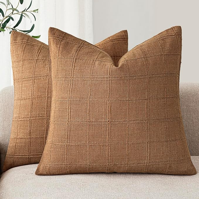 Foindtower Set of 2 Decorative Linen Check Throw Pillow Covers Neutral Farmhouse Vintage Cushion Covers Modern Boho Home Decor for Sofa Chair Couch Bedroom Living Room,18×18 Inch,Brick