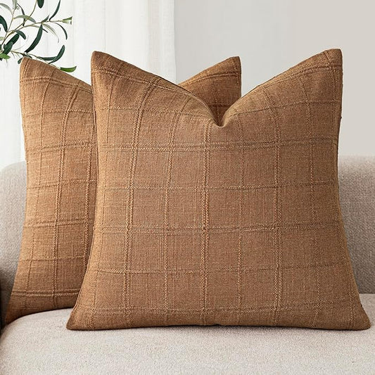 Foindtower Set of 2 Decorative Linen Check Throw Pillow Covers Neutral Farmhouse Vintage Cushion Covers Modern Boho Home Decor for Sofa Chair Couch Bedroom Living Room,18×18 Inch,Brick