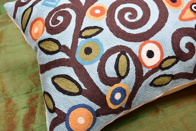 Lumbar Cushion Cover Hand Embroidered Wool 13x21 (Blue Birds Lumbar Pillow Cover)