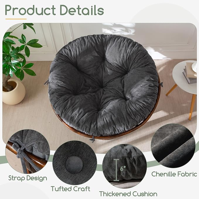 HIGOGOGO Papasan Chair Cushion with Chenille Cover (Without Chair), Soft Supportive Cushion, Dark Grey, 48 x 48 Inch