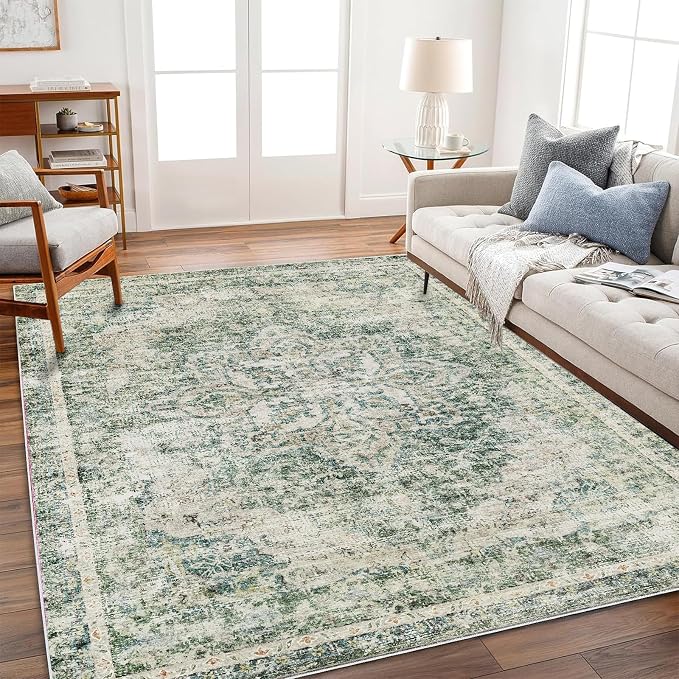 CHAMPLANT Washable Area Rug 9'x12' Retro Boho Design Non-Shedding Easy Care Ideal for High Traffic Areas in Living Room Bedroom Office Coffee Table Kitchen Large Carpet