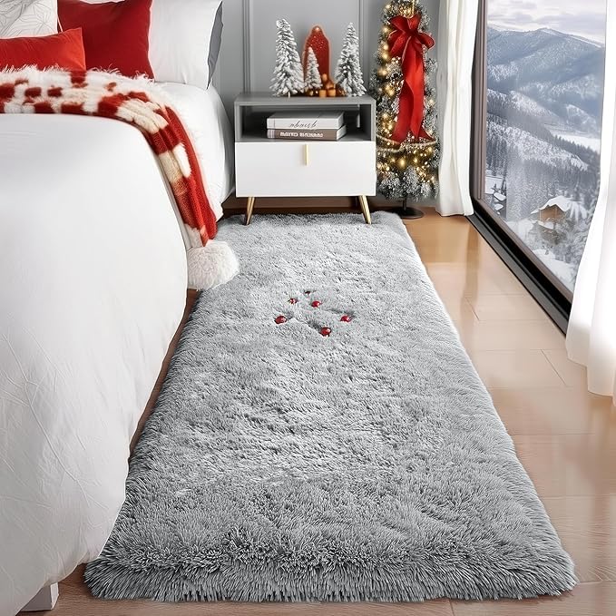 PAGISOFE Grey Runner Rugs for Hallway 2x6 Ft, Super Soft Fluffy Rug Home Decor Aesthetic, Fuzzy Plush Long Bedside Rugs, Plush Shag Carpet for Bedroom, Kids Room, Teen Dorm Nursery Room Decor