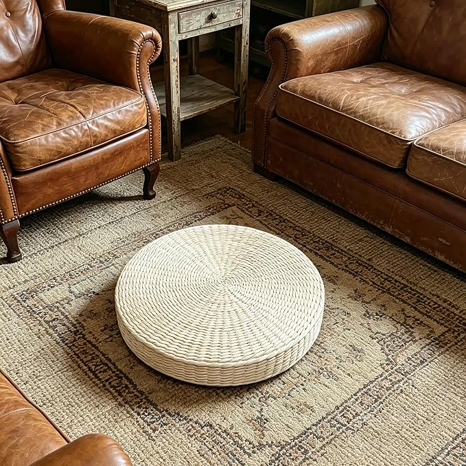Round Tatami Floor Pillow, Handwoven Natural Straw Seat | Artisan Crafted, EPE Filling, Dia19.7", Comfortable Support, Boho, Lightweight, for Livng Room Meditation Reading Nook Patio