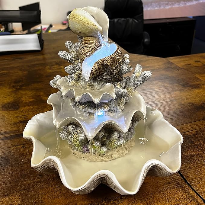 10.5" H Coral Reef Shell Fountain Indoor Fountain with LED Lights and Adjustable Motor Pump (Power Cord Attached) (Resin)