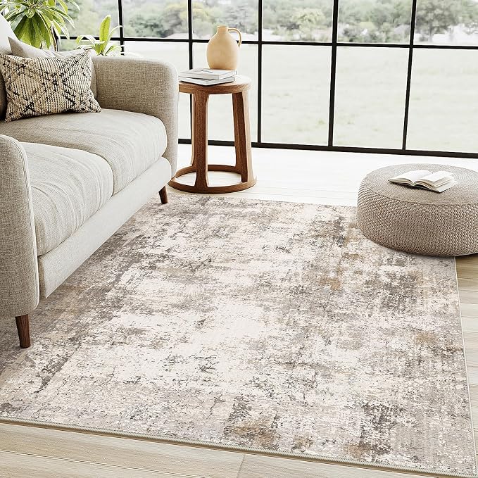 4x5 Washable Area Rug Brown Grey Abstract Non Slip Soft Low Pile Rug for Entryway Kitchen Bathroom Neutral Modern Throw Carpet for Living Room Bedroom Home Decor