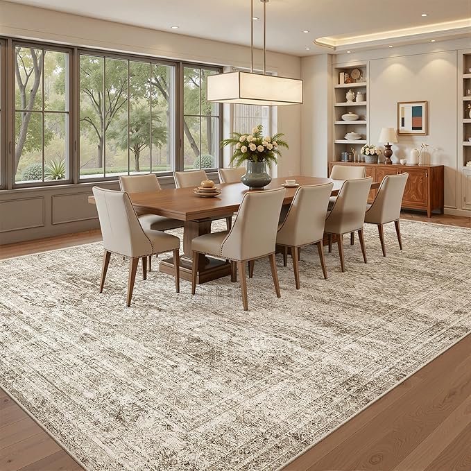 Soalmost 9x12 Area Rugs for Living Room, Non Slip Machine Washable Vintage Rugs, Low Pile Lightweight Large Rug for Bedroom, Dining Room, Home Office Brown