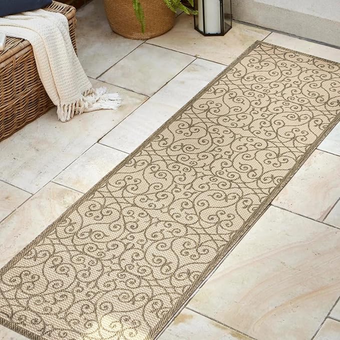 JONATHAN Y Vintage Filigree Indoor Outdoor Runner Rug 2X8 Beige/Brown, Madrid Textured Weave for Backyard, Patio, Porch, Easy-Cleaning, High Traffic, Pet-Friendly, Non-Shedding (SMB107B-28)