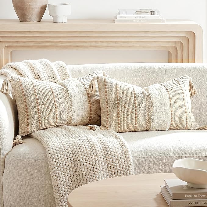BlissBlush Decorative Lumbar Throw Pillow Covers 12x20 Combo Set of 2 Cream Neutral Rectangular Boho Accent Pillowcase Farmhouse Cushion for Couch Sofa Bedroom Living Home Décor Cover ONLY