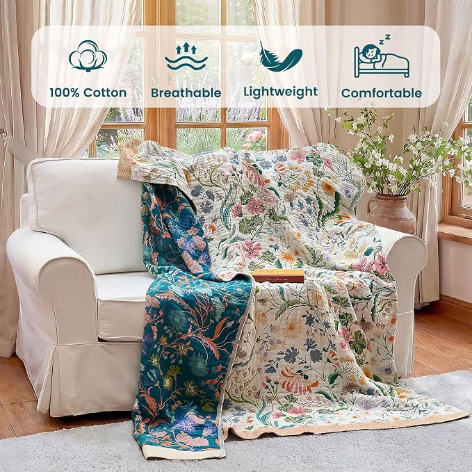 MSGKV The Boho Layer: 50"x60" Cotton Throw Blanket – Lightweight & Reversible Maximalist Colorful, Decorative Accent for Couch Snuggles, Bed Layers & Road Trips
