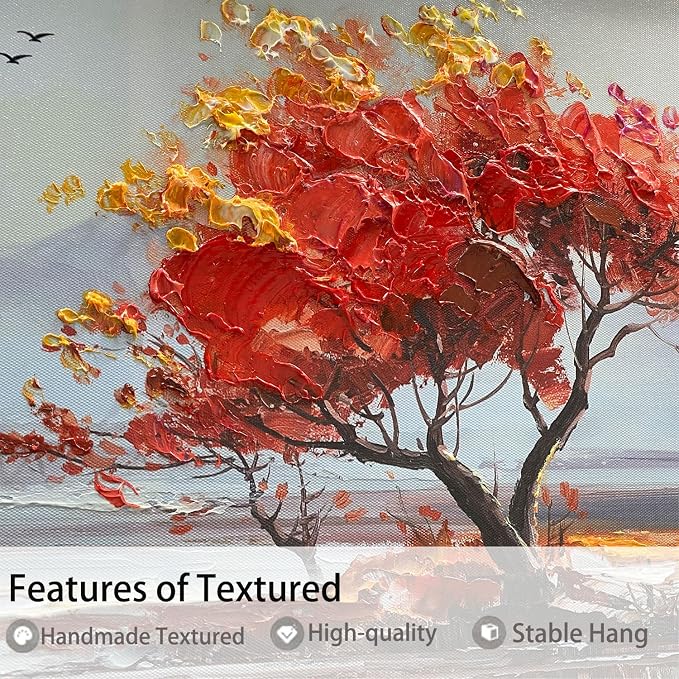 Arjun Landscape Canvas Wall Art Textured Extra Large 58"x29"- Red Tree & Lake Reflection Painting, Soft Toned Nature Prints Picture Framed Artwork for Living Room Bedroom Home Office Wall Decor
