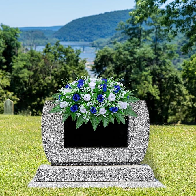 LVXINLI Artificial Cemetery Flowers Saddle-Shaped Tombstone Decorations Non-Fading UV-Resistant（Blue+White Saddle ）