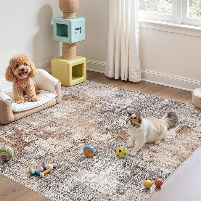 DMOYEST Square Area Rug Living Room Rugs - 6x6 Washable Large Soft Indoor Neutral Modern Abstract Low Pile Rug Carpet for Bedroom Dining Room Farmhouse Home Office - Grey Brown