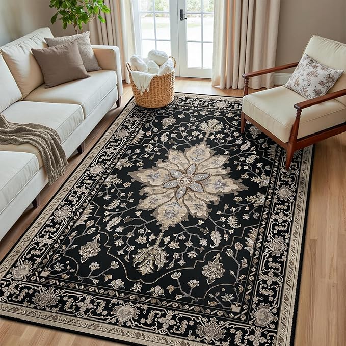 RELEANY Area Rugs 5'x8' Washable Non-Slip, Floral Vintage Distress Print Pattern Medallion Carpet for Living Room Bedroom Dining Room, Black Brown Neutral Dark Tan