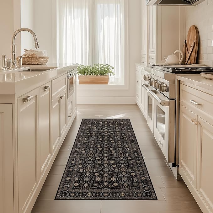 Ruaruarug Washable Area Rug Runner 2×6 for Kitchen Living Room Bedroom, Ultra Soft Non Slip Stain & Fade Resistant, Pet & Kids Friendly, Suitable for High Traffic Areas Easy to Clean, Black Gold