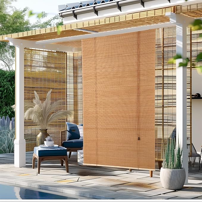 Outdoor Bamboo Roller Blinds Shades, Vertical Lifting and Breathable Waterproof Design, Sun Shade, Blackout and Ventilation, Easy Installation,24" W×64" H