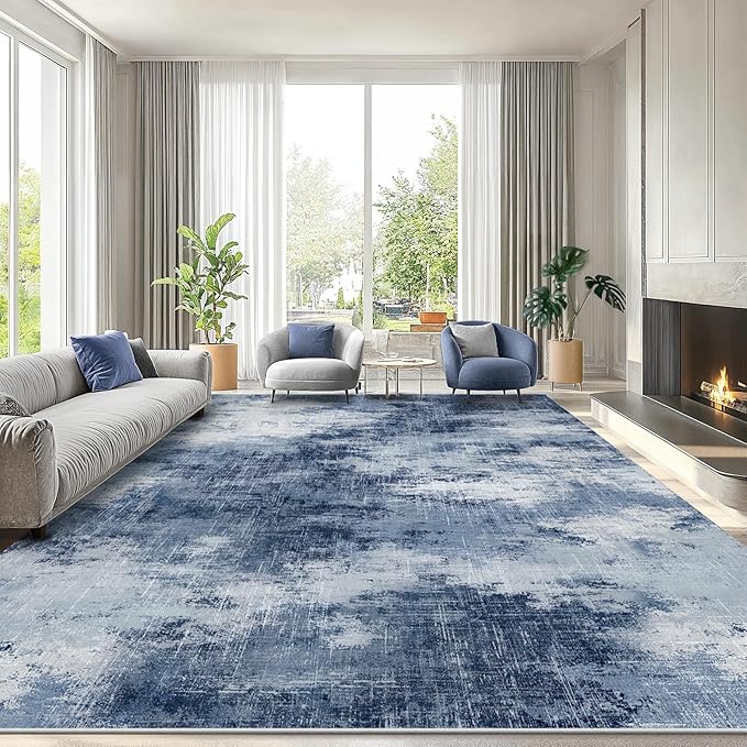 AMADA HOMEFURNISHING 10x14 Area Rugs for Living Room, Modern Large Area Rugs with Non-Slip Backing & Low Pile, Neutral Soft Washable Rug for Large Bedroom Dining Room Nursery Office, Dark Blue