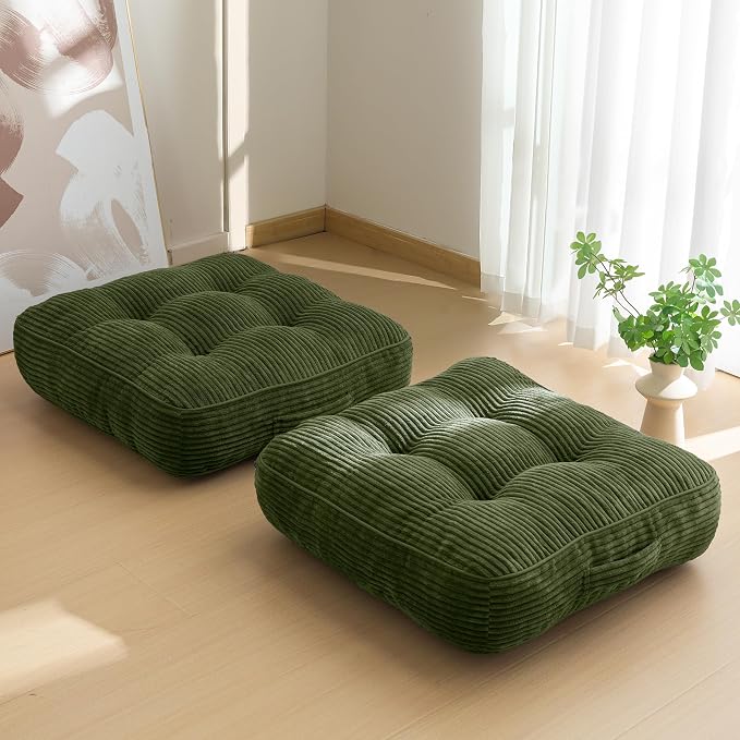 HIGOGOGO 6" Extra Thick Floor Pillow Cushion for Adults, Meditation Cushion Pillow, Large Square Floor Sitting, Tufted Corduroy Cover, for Tatami Living Room or Yoga, 22x22 Inch, 2Pack, Dark Green