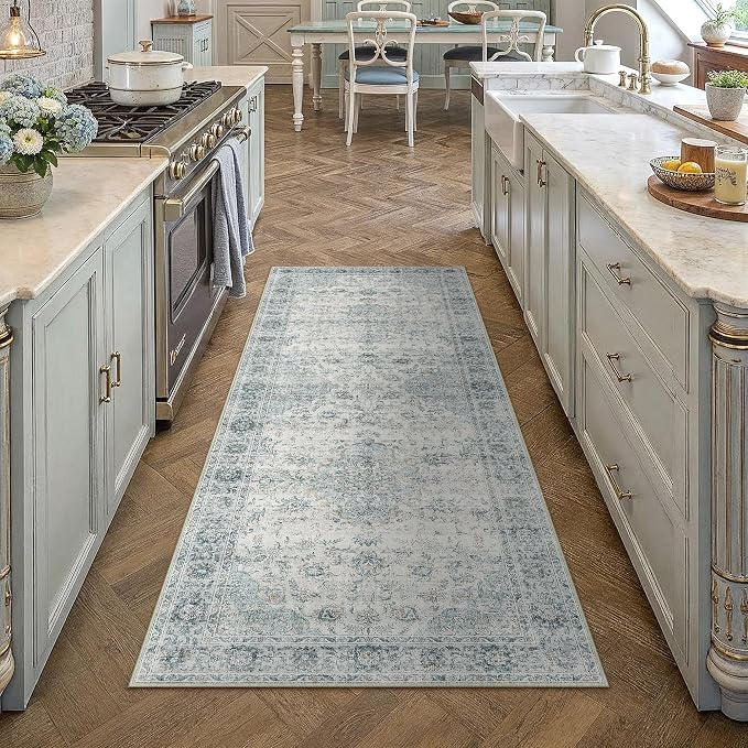 HUGEAR 2x6 Runner Rug Hallway Machine Washable Retro Light Blue Vintage Floral Low Pile Carpet Distressed Long Throw Rug Bedroom Office Bathroom Kitchen Laundry Non Slip Soft Lightweight