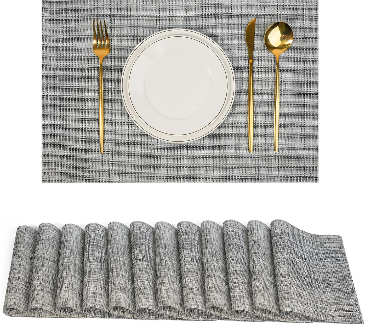Placemats Set of 12，Non-Slip PVC Weave Table Placemats Easy to Clean，Heat Resistant Place Mats for Kitchen Dining Table Decoration Indoor Outdoor，Gray
