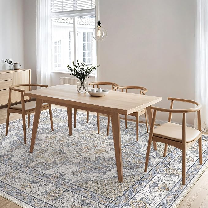 Tortania Area Rug Living Room Rugs - 10x14 Washable Boho Rug Vintage Oriental Distressed Farmhouse Large Thin Indoor Carpet for Living Room Bedroom Under Dining Table Home Office - Blue Beige
