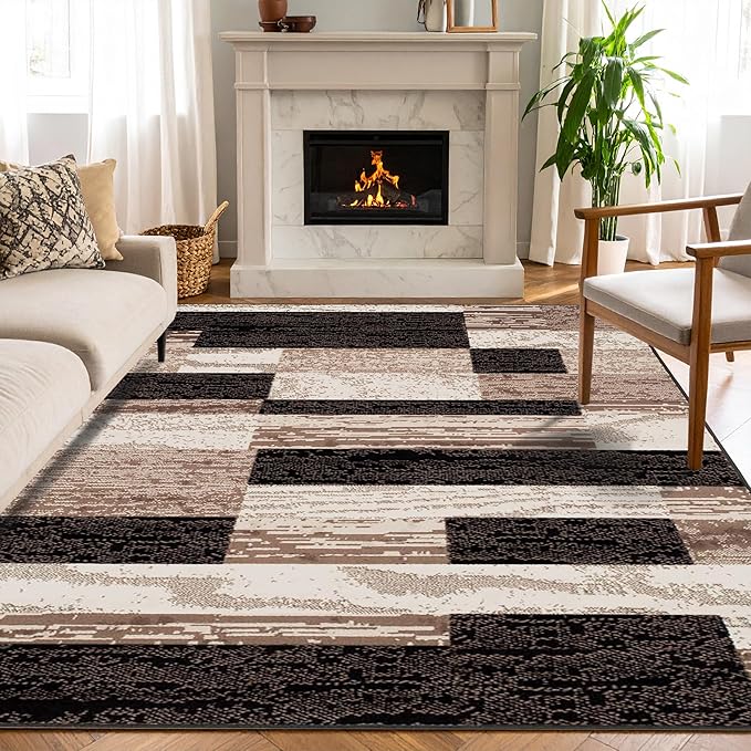 SUPERIOR Indoor Area Rug, Jute Backed, Modern Geometric Patchwork Floor Decor for Bedroom, Office, Living Room, Entryway, Hardwood Floors, Rockwood Collection, 6' x 9', Chocolate