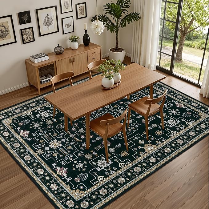 3x5 Area Rugs Living Room Rug: Washable Vintage Boho Medallion Rug No Slip Stain Resistant Soft Carpet Indoor Floor Large Carpets for Bedroom Dining Room Farmhouse Nursery Hallway Home Office Black