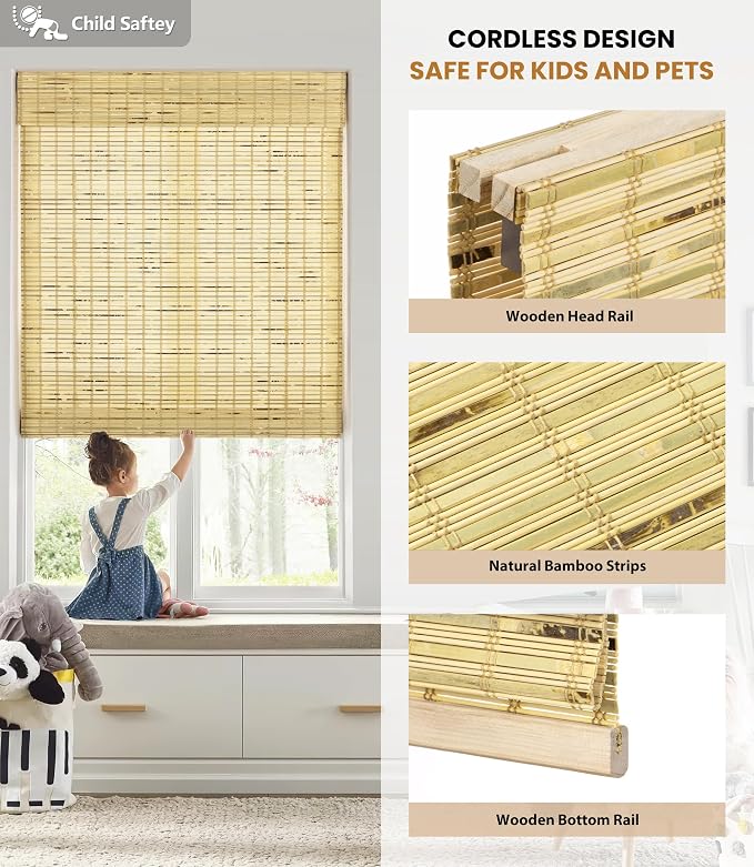 LazBlinds No Tools No Drill Cordless Bamboo Roman Shades, Custom Light Filtering Window Treatment, Roll Up Bamboo Blinds for Windows, Petite Rustique