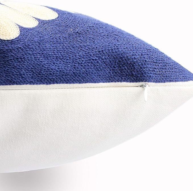 Embroidery Throw Pillow Covers 18x18 Home Decor Floor Pillows Cover 100% Cotton Cushion Cover Throw Pillow Case for Couch Dark Blue Sunflower Embroidered Pillow 45x45cm, Navy Blue, 1 Piece