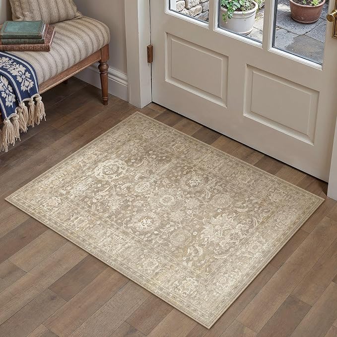 HUGEAR Entryway Rugs 2x3 Beige Washable Rug Door Mat Neutral Vintage Rug Carpet Distressed Soft Durable Non Slip No Shedding for Indoor Bedroom Kitchen Dining Nursery Laundry