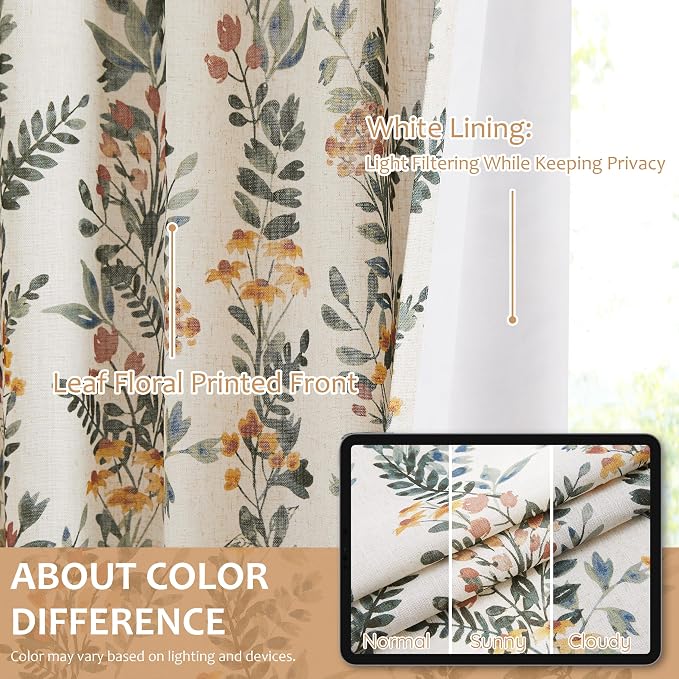 Kayne Studio Pinch Pleated Light Filtering Curtains with Liner Leaf Privacy Drapes for Living Room Bedroom 102 Inches Rustic Botanical Pattern Back Tab Window Treatment,40"x102",Green &Yellow,2 Panels