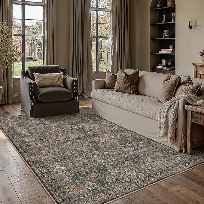 5x7 Washable Traditional Area Rug for Living Room Brown Floral Non Slip Low Pile Throw Rug Neutral Vintage Stain Resistant Carpet Bedroom Kitchen Playroom Office Dining Room