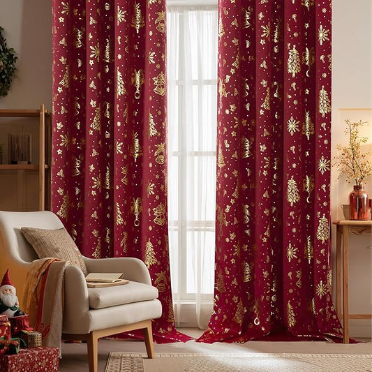 NICETOWN 2 Panels Christmas Red Curtains 42 x 84 Inch, Gold Stamped Rod Pocket Curtain Drapes for Holiday Season, Xmas Home Decor, Festive Window Treatments for Bedroom, Seasonal Curtain Set