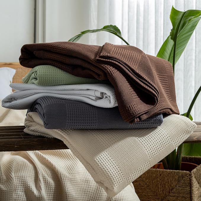 100% Turkish Cotton Blanket Twin Size Waffle Weave Blankets, Made in Turkiye, Light Airy Throw Bedspread (Dark Brown, Twin Size Blanket 70 x 90 inch)