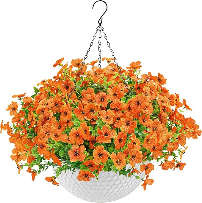 Der Rose Artificial Hanging Flowers Basket for Faux Plants Outdoor Spring Summer Decoration UV Resistant Fake Flowers for Patio Balcony Farmhouse Decor(Orange)