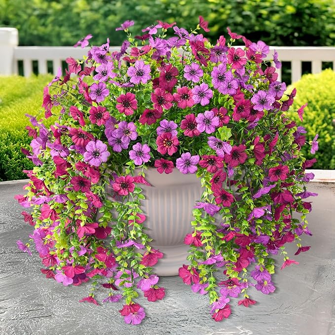 ZFProcess Artificial Hanging Flowers for Outdoors Spring Decoration, 2PCS Silk Fake Daisy Realistic Outdoor Flowers UV Resistant Porch Patio Window Yard Decor(Light Purple Red)