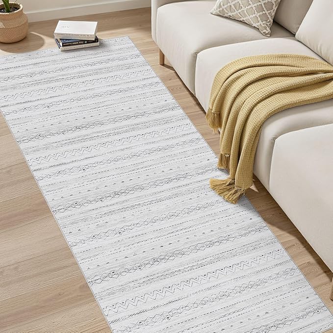 cotiled Hallway 2.6x8 Runner Rugs: Washable Boho Rugs with Non Slip Backing Large Soft Indoor Low Pile Carpet for Living Room Bedroom Farmhouse Dining Room Lightweight Home Decor Grey