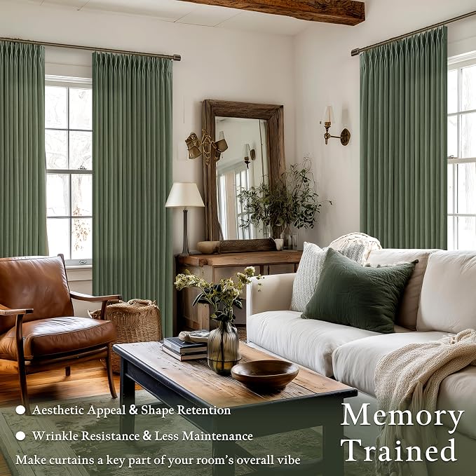 Dark Green Pinch Pleated Linen Curtains 105 Inches Long for Living Room 2 Panels Set Memory Trained Viral Pleat Drapes Back Tab Light Filtering Farmhouse Olive Green 105 Inch Length Window Curtains