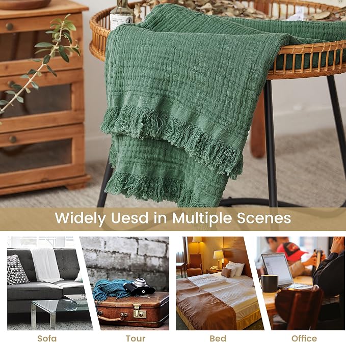 FALUCA Cotton Muslin Throw Blanket 50x60 Inches for Bed, Couch, Knit Woven Gauze Blanket, Soft Lightweight Cozy Breathable Farmhouse Decoration for All-Season, Olive Green