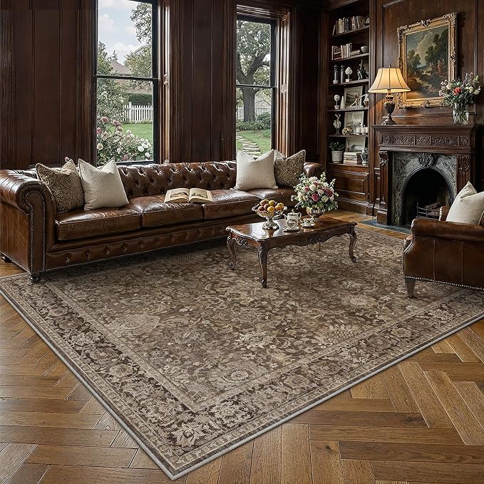 HUGEAR Area Rugs 10x14 Brown Washable Rug for Living Room Bedroom Large Neutral Vintage Rug Carpet Distressed Soft Durable Non Slip No Shedding for Indoor Dining Nursery Farmhouse