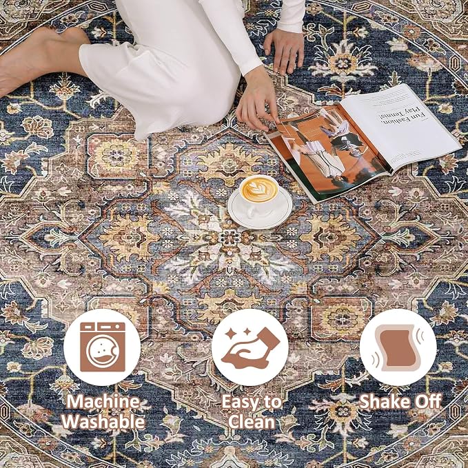 Round Rug Living Room Rugs: 10x10 Washable Boho Neutral Large Circle Soft Indoor Floral Stain Resistant Floor Farmhouse Carpet for Bedroom Nursery Kids Playroom Office Dining Room Dorm- Yellow Blue