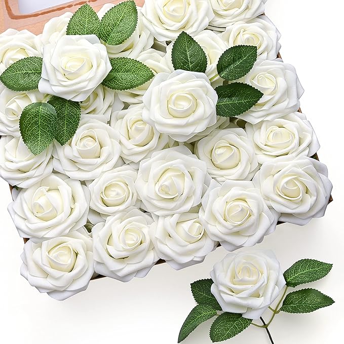 Mocoosy 50Pcs White Rose Artificial Flowers, Ivory Roses for Decorations, Real Touch Fake Rose with Stems Bulk DIY Wedding Bouquet Bridal Shower Mother's Day Floral Arrangement Party Home Decor