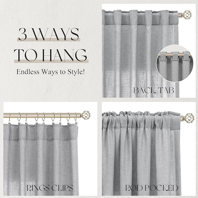 Jowels Grey Linen Curtains 108 Inch Long 2 Panels for Living Room | Gray Light Filtering Sheer Curtain, Back Tab Pocket Pleated Look, Boho Farmhouse Textured Privacy Drapes for Bedroom Window