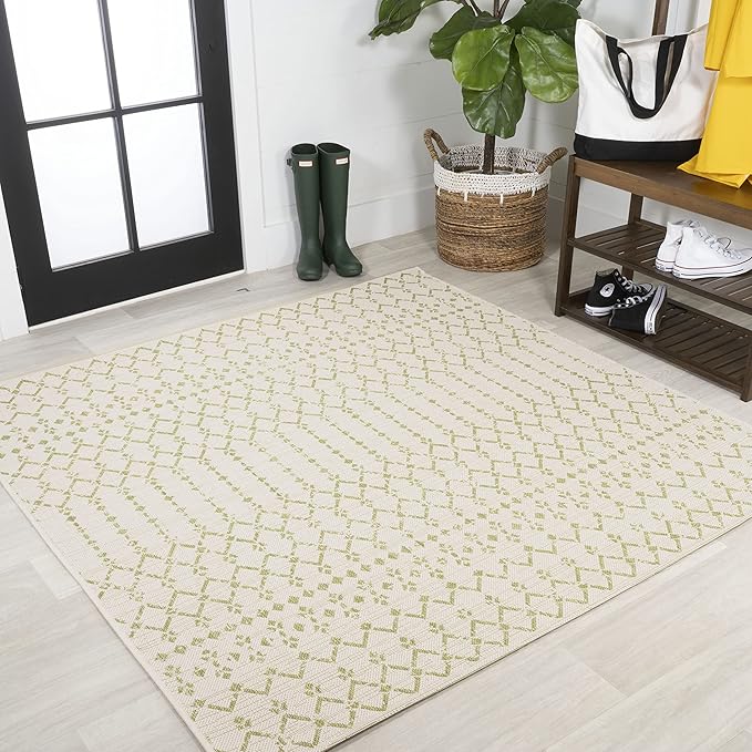 JONATHAN Y Moroccan Geometric Indoor Outdoor Square Area Rug 5X5 Cream/Green, Ourika Textured Weave for Backyard, Patio, Porch, Easy-Cleaning, High Traffic, Pet-Friendly, Non-Shedding (SMB108M-5SQ)
