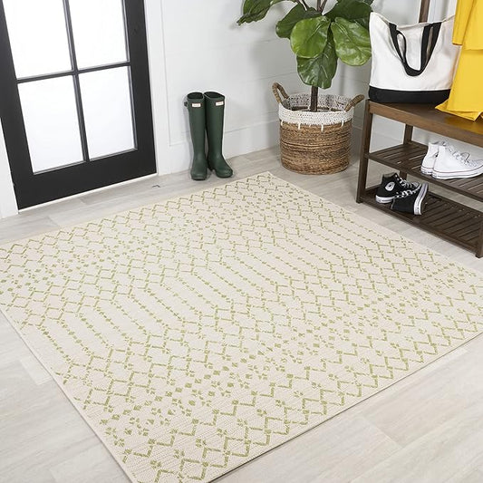 JONATHAN Y Moroccan Geometric Indoor Outdoor Square Area Rug 5X5 Cream/Green, Ourika Textured Weave for Backyard, Patio, Porch, Easy-Cleaning, High Traffic, Pet-Friendly, Non-Shedding (SMB108M-5SQ)