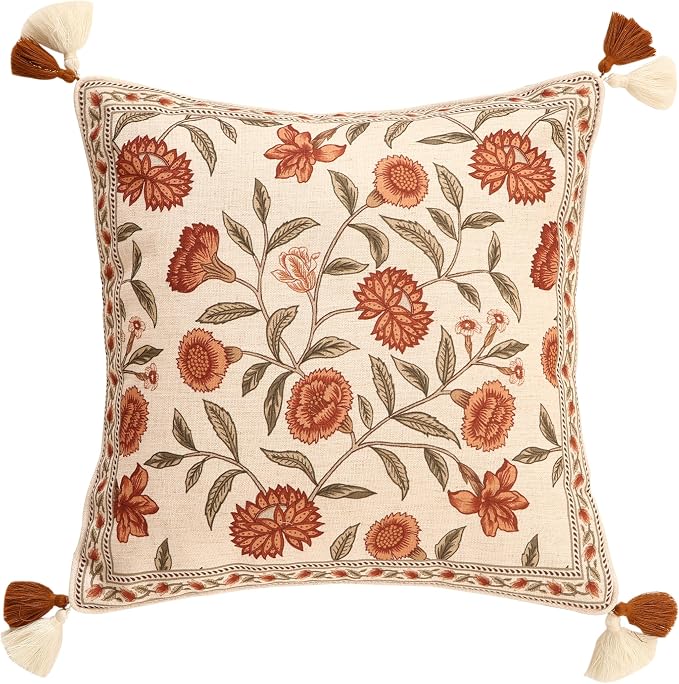 ISAENNE Vintage Elegant Linen Square Throw Pillow Cover,18"x18"-Albano A | Designer French Pillow Cover,Concealed Zipper Design,Orange Floral Pattern,Sofa,Bedroom,Living Room,Lounge Chairs