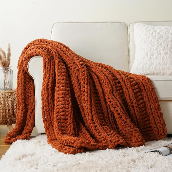 Battilo Chunky Knit Throw Blanket for Couch, Fall Decor, 50"x60", Rust | Hand Knit with Chunky Yarn, Decorative Fall Throw Blanket, Cozy Warm Soft Chenille Throw Blanket for Bed, Sofa, Living Room