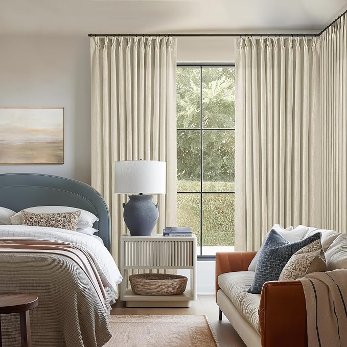 Pinch Pleated Extra Wide Curtain Panels 108 Inches Long 70 Wide Linen Curtain for Patio Sliding Glass Door Beige Hooks Rings Semi Sheer Privacy 108 Inch Length for Living Room 70x108 1 Panel