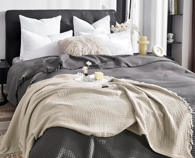 KyraHome 100% Organic Cotton Throw Muslin Blankets, 90"x90", Pre-Washed Plant Dyed, Breathable Lightweight Soft Gauze Summer Blankets for Adults, Bed, All Season, Oatmeal Khaki