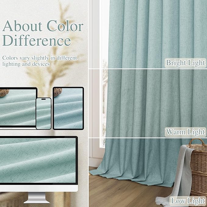 Guken 100% Blackout Linen Curtains 90 Inch Length 2 Panels Set for Living Room Bedroom Back Tab Thermal Insulated Black Out Linen Drapes Room Darkening Window Curtains,Light Blue