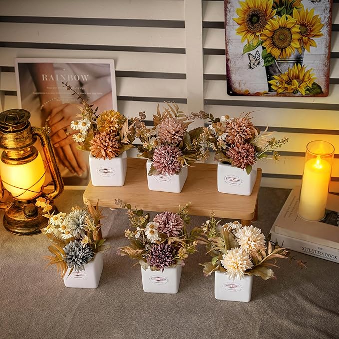 6PCS Artificial Fall Flowers with Ceramic Vases – Multicolor Small Fake Chrysanthemums & Daisies with Pot for Autumn Home Decor – Table Centerpieces for Kitchen, Mantel, Entryway or Tiered Tray